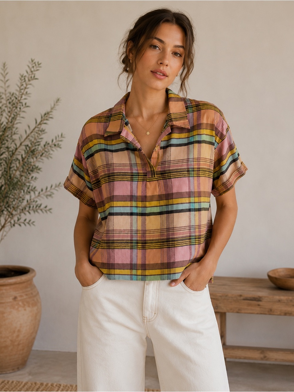 Ace & Jig Plaid Woven Cotton Pullover Top Pink Tan Blue Boxy Short Sleeve